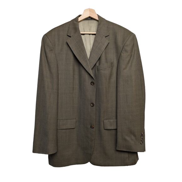 VTG Oscar De La Renta Men's Tan Houndstooth Sport Coat Sz 44L Beige Navy Office - Picture 1 of 12
